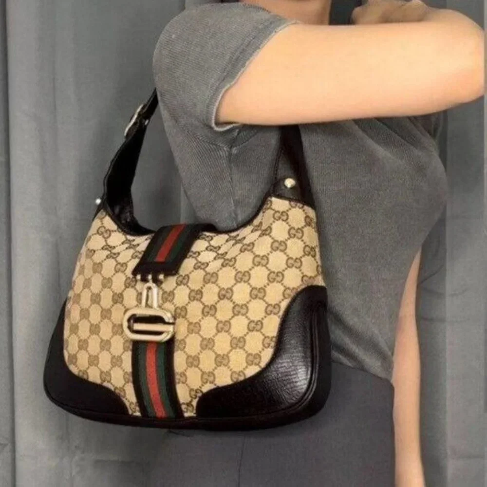 Authentic GUCCI GG Jackie Sherry Web Canvas Handbag Shoulder Bag Charm Ophidia - Picture 4 of 13